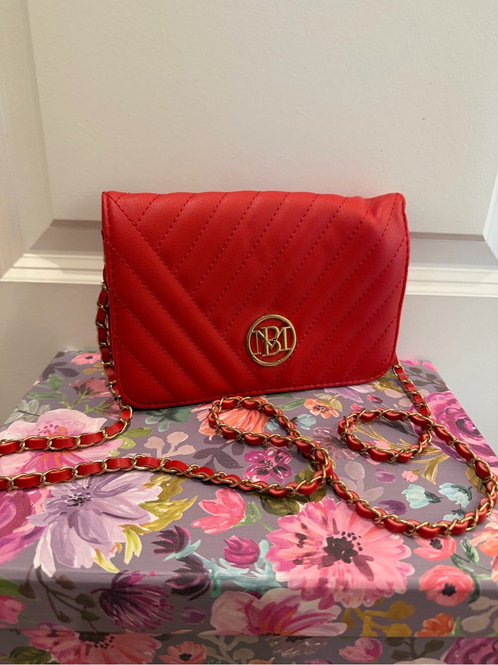 Studio Badgley Mischka Red Quilted Chain Crossbody Bag
